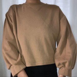 Tan Beige Cropped Sweater with Puffy Sleeve-Medium
